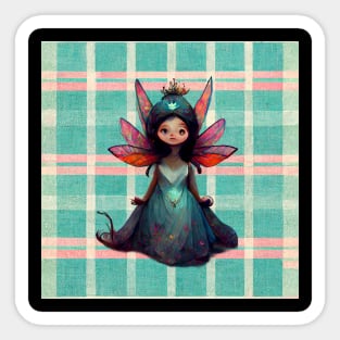 Sweet little fairy princess with wings against a plaid background. Sticker